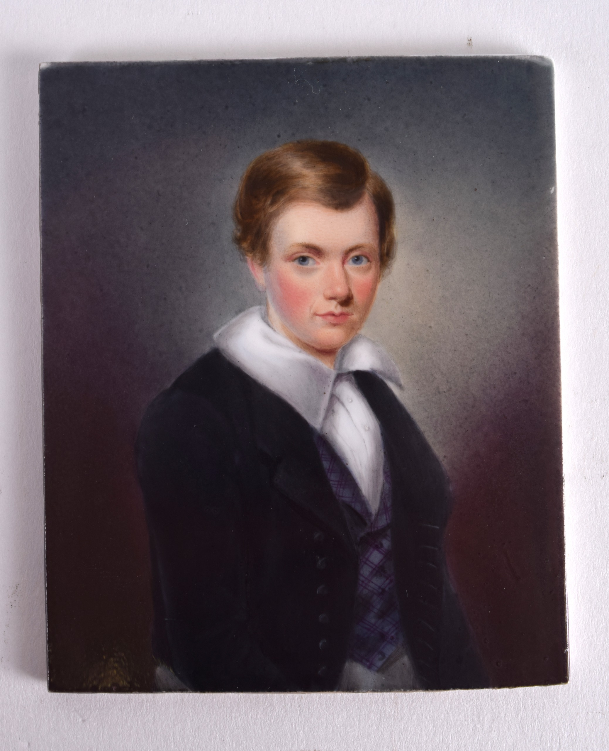 A MID 19TH CENTURY ENGLISH PORCELAIN PAINTED PLAQUE by John Simpson C1844, depicting a young boy