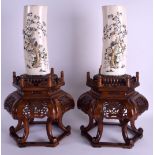 A GOOD LARGE PAIR OF 19TH CENTURY JAPANESE MEIJI PERIOD SHIBAYMA IVORY VASES set upon original