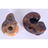 TWO CHINESE HARDSTONE CARVED TOGGLES, 20th century. Largest 6 cm.