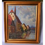 SVEND LYNGE (DANISH), framed oil on canvas, houses in a river landscape, signed, "Denmark's oldest