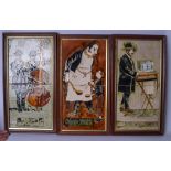 THREE FRAMED PORCELAIN TILES, one depicting Oliver Twist, together with two others. 39 cm x 19 cm.