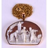 AN ANTIQUE 9CT GOLD CAMEO PENDANT with yellow metal chain. Cameo 4 cm x 2.75 cm.