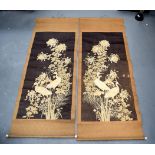 A PAIR OF 19TH CENTURY JAPANESE MEIJI PERIOD EMBROIDERED SILK SCROLLS depicting birds and insects