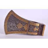 A FINE 18TH/19TH CENTURY IRON STEEL GOLD INLAID OTTOMAN AXE HEAD of double Balta type, wonderfully