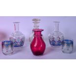 A PAIR OF GLASS OVERLAID BOTTLES, together with matching glasses, etched bottle and a pink vase.(6)