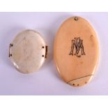 A GEORGE III CARVED IVORY FOLDING LOCKET together with a Victorian sliding ivory mirror. (2)