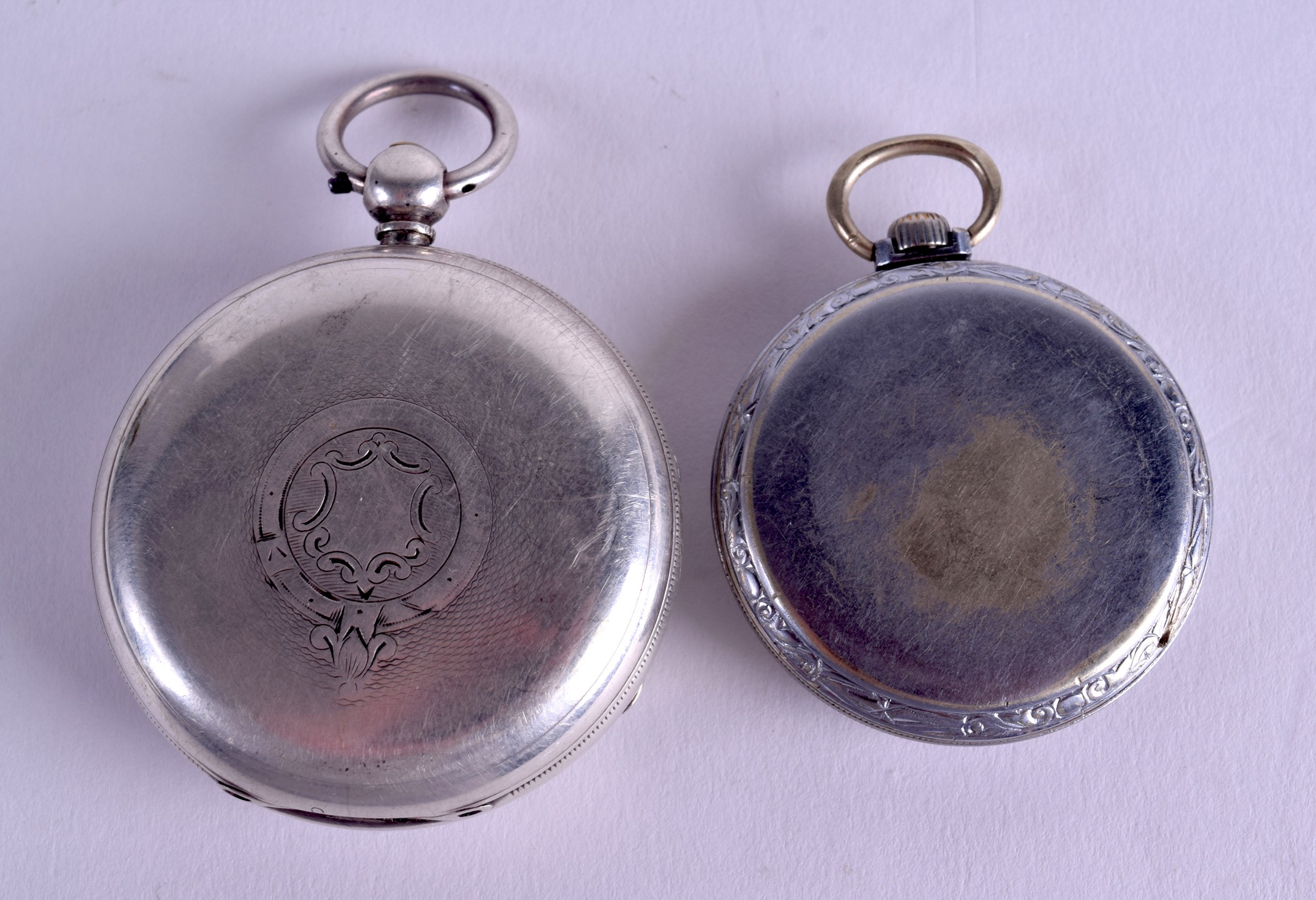 A 19TH CENTURY ENGLISH SILVER POCKET WATCH together with another white metal watch. 5.25 cm & 4 cm - Image 2 of 6