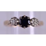 AN ANTIQUE 9CT GOLD SAPPHIRE AND DIAMOND RING. Size R/S.