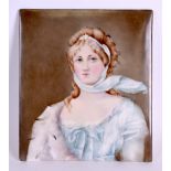 A LARGE LATE 19TH CENTURY GERMAN PORCELAIN PLAQUE painted with a female wearing blue robes. 16.5