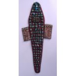 AN UNUSUAL TURQUOISE CORAL AND SHELL TRIBAL WALL HANGING in the form of a stylised fish. 70 cm x