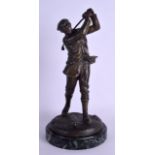 A RARE CONTINENTAL ART DECO BRONZE FIGURE OF A YOUNG GOLFER by Rigal, modelled playing a stroke upon