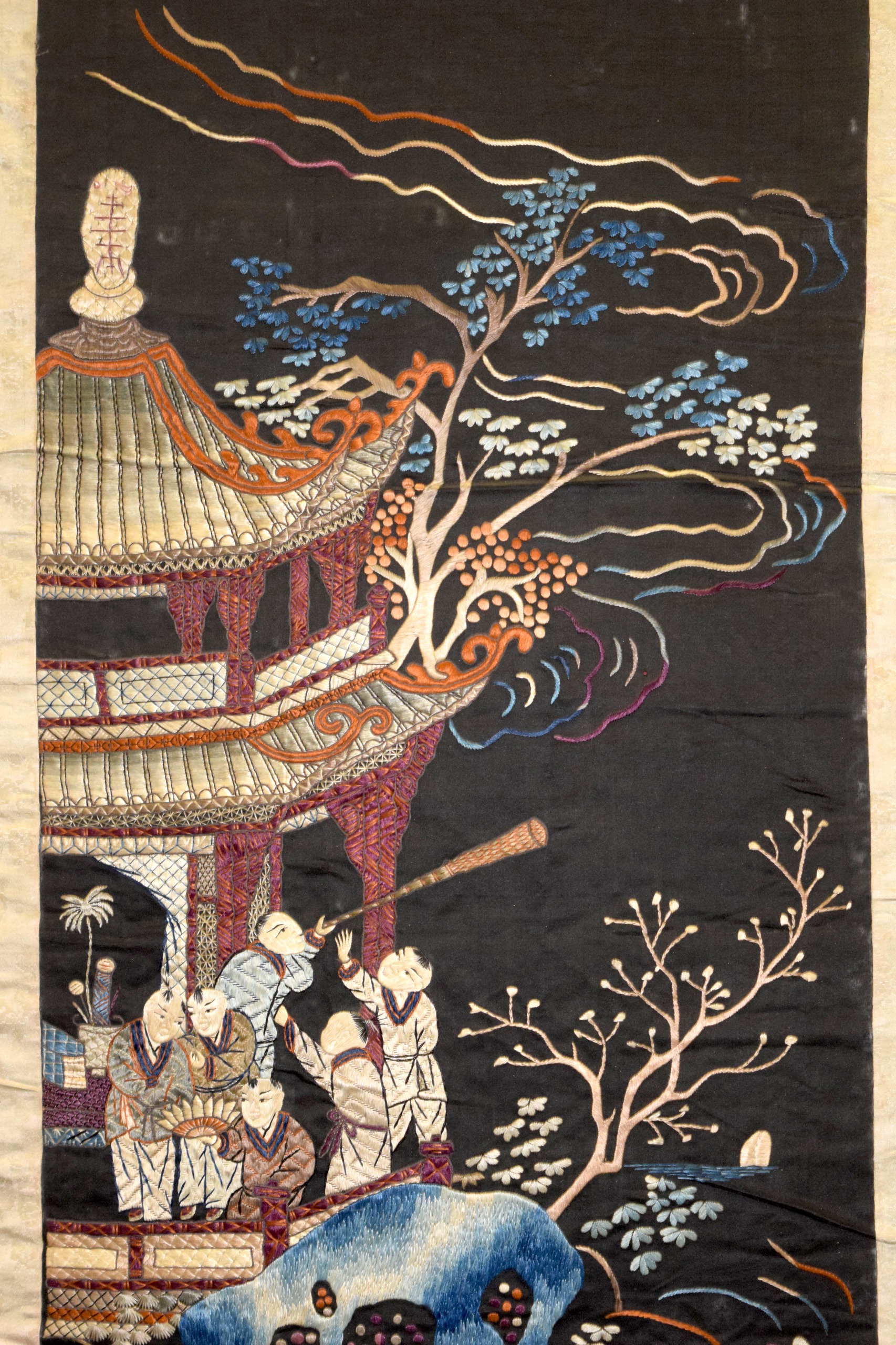 A GOOD 19TH CENTURY CHINESE SILKWORK HANGING SCROLL Qing, decorated with figures within landscapes - Image 3 of 5