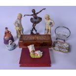 A PAIR OF BISQUE FIGURES, together with a wooden box, majolica dish etc. (qty)