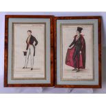 A PAIR OF 19TH CENTURY HAND COLOURED PRINTS, depicting Dandy's. 17.5 cm x 9.5 cm.
