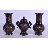 A PAIR OF 19TH CENTURY JAPANESE MEIJI PERIOD ONLAID BRONZE VASES together with a matching censer and