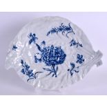 A RARE 18TH CENTURY WORCESTER COS LETTUCE LEAF DISH painted with the Blown Peony pattern, workman'