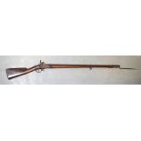 A LARGE 19TH CENTURY FRENCH RIFLE with attached bayonet. 188 cm long.