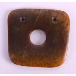 AN EARLY CHINESE CARVED MUTTON JADE ARCHAIC TOOL of waisted square form. 7 cm x 6.5 cm.