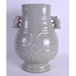 A 19TH CENTURY CHINESE TWIN HANDLED GREY CELADON TYPE VASE bearing Qianlong marks to base, with