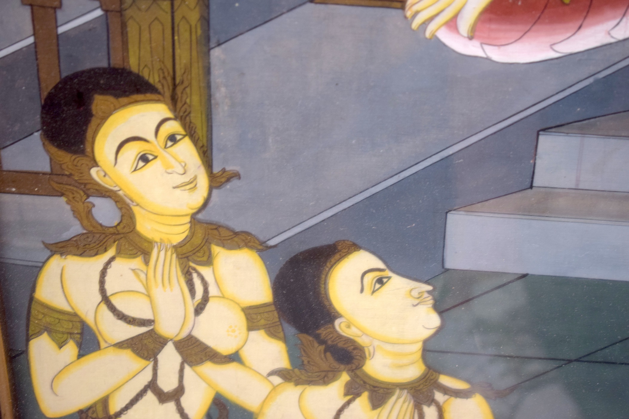 SOUTHEAST ASIAN SCHOOL, framed gouache on silk, buddhistic figures in a temple. 106 cm x 73 cm. - Image 3 of 5