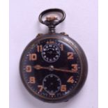 AN ANTIQUE GUN METAL BLACK FACE DOUBLE DIAL POCKET WATCH with orange numerals. 4.25 cm diameter.