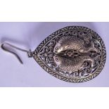 A CHINESE WHITE METAL PENDANT, decorated with opposing fish. 6 cm long.