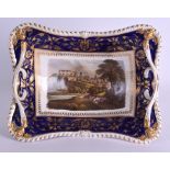 A LARGE EARLY 19TH CENTURY DERBY TWIN HANDLED PEDESTAL DISH painted with a Town and Castle view,