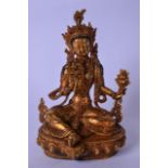 A CHINESE GILT BRONZE BUDDHA, formed seated upon a beaded lotus pod, inlaid with applied stone
