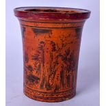 A THAI LACQUERED BRUSH POT, painted with figures in landscapes. 12.5 cm high.