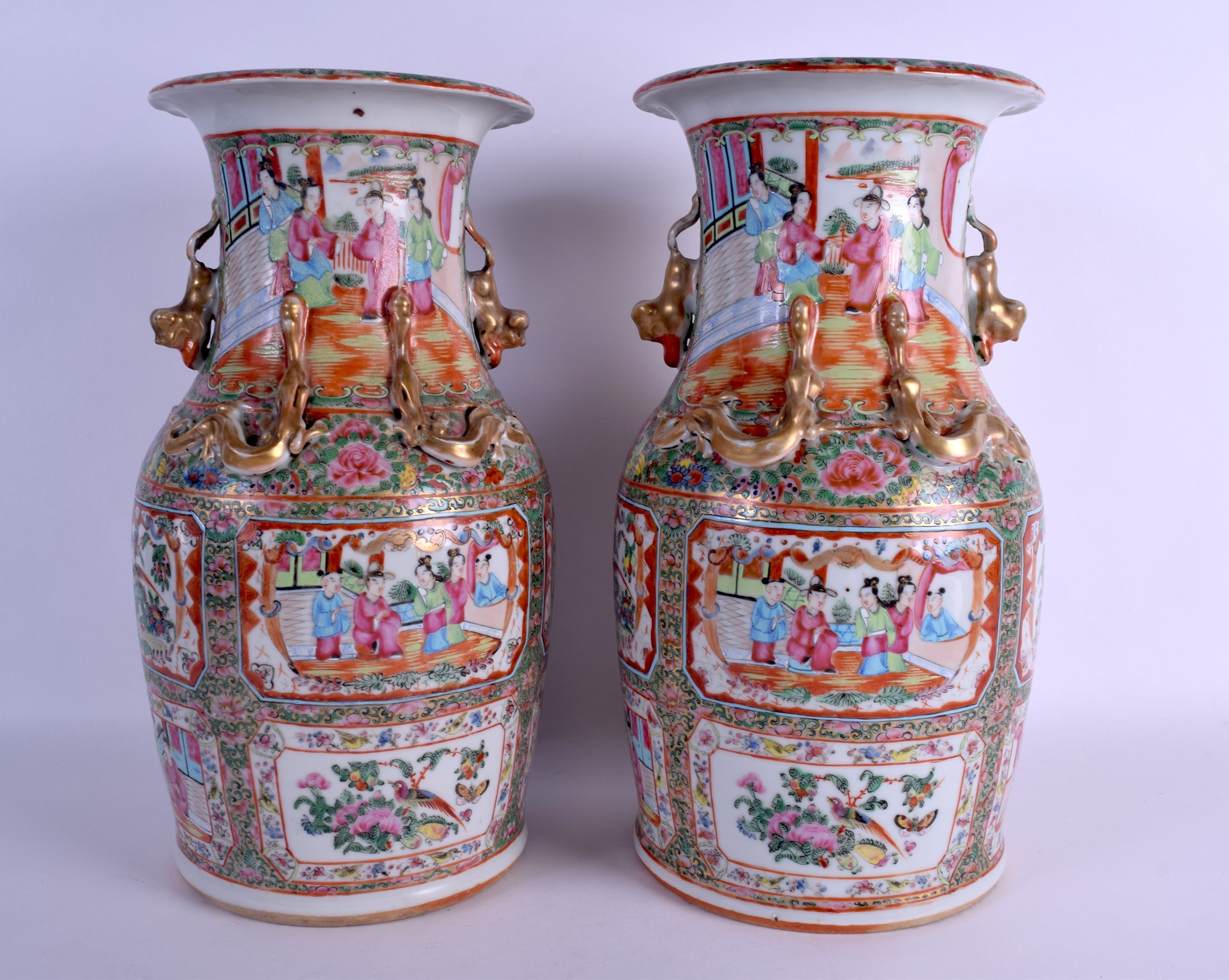 A LARGE PAIR OF 19TH CENTURY CHINESE CANTON FAMILLE ROSE VASES Qing, painted with figures and birds. - Image 2 of 4