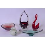 AN ORREFORS GLASS BOWL, together with a basket shaped vase and three others. (5)