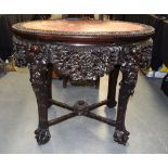 A FINE LARGE 19TH CENTURY CHINESE CARVED HONGMU MARBLE INSET TABLE Qing, carved with mask heads