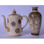 AN EARLY 20TH CENTURY JAPANESE SATSUMA POTTERY VASE, together with a tea pot. Vase 15.5 cm.