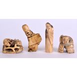 A SET OF FOUR 19TH CENTURY JAPANESE MEIJI PERIOD CARVED BONE NETSUKES in various forms. (4)