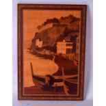 A LARGE MID 20TH CENTURY MARQUETRY WOODEN PANEL, mixed wood detail depicting coastal scene, possibly