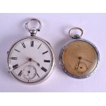 A 19TH CENTURY ENGLISH SILVER POCKET WATCH together with another white metal watch. 5.25 cm & 4 cm