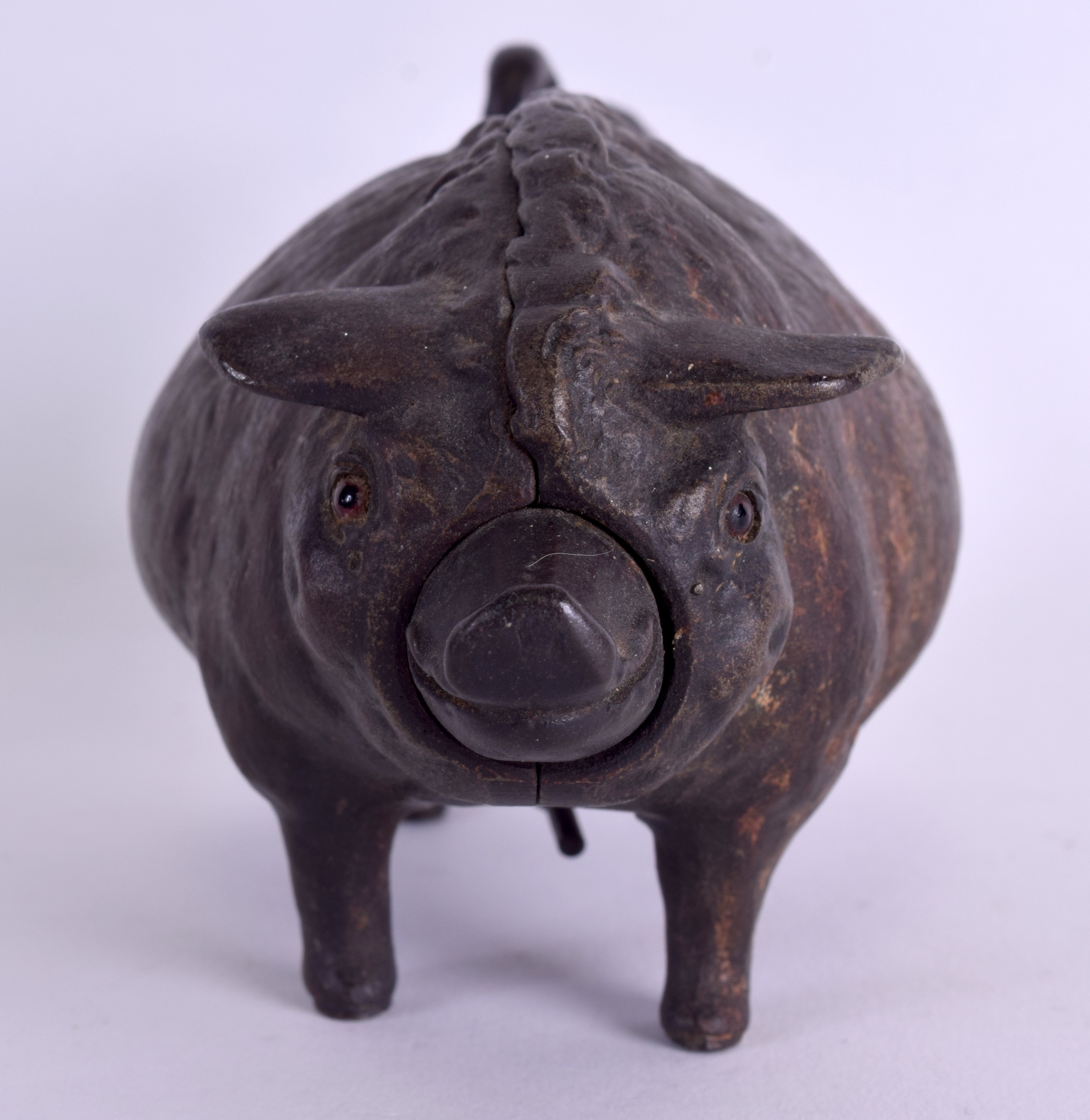 A RARE MID 19TH CENTURY CAST IRON NOVELTY TABLE BELL in the form of a chubby pig, his nose and - Image 3 of 4