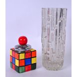 AN ART DECO GLASS VASE, together with a novelty rubix cube ashtray. Vase 25 cm. (2)