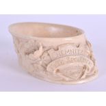 A MID 19TH CENTURY CARVED IVORY CHEMNITZ SHOOTING NAPKIN RING. 7 cm x 4.5 cm.