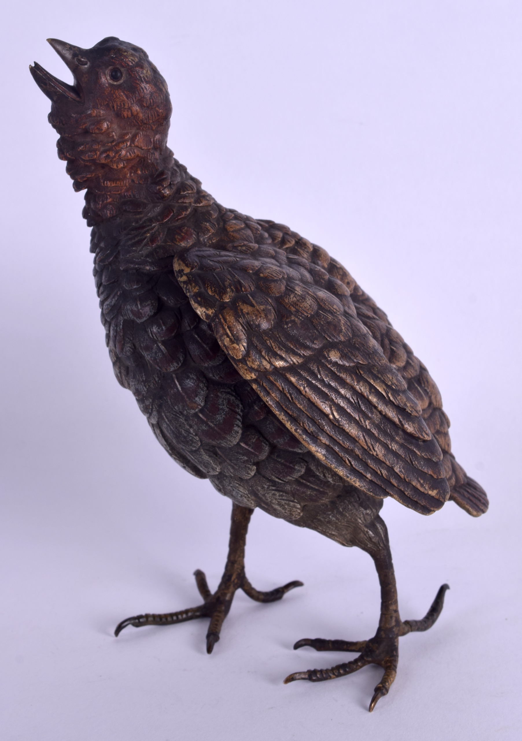 A 19TH CENTURY AUSTRIAN COLD PAINTED BRONZE FIGURE OF A GAME BIRD by Franz Xavier Bergmann. 18 cm