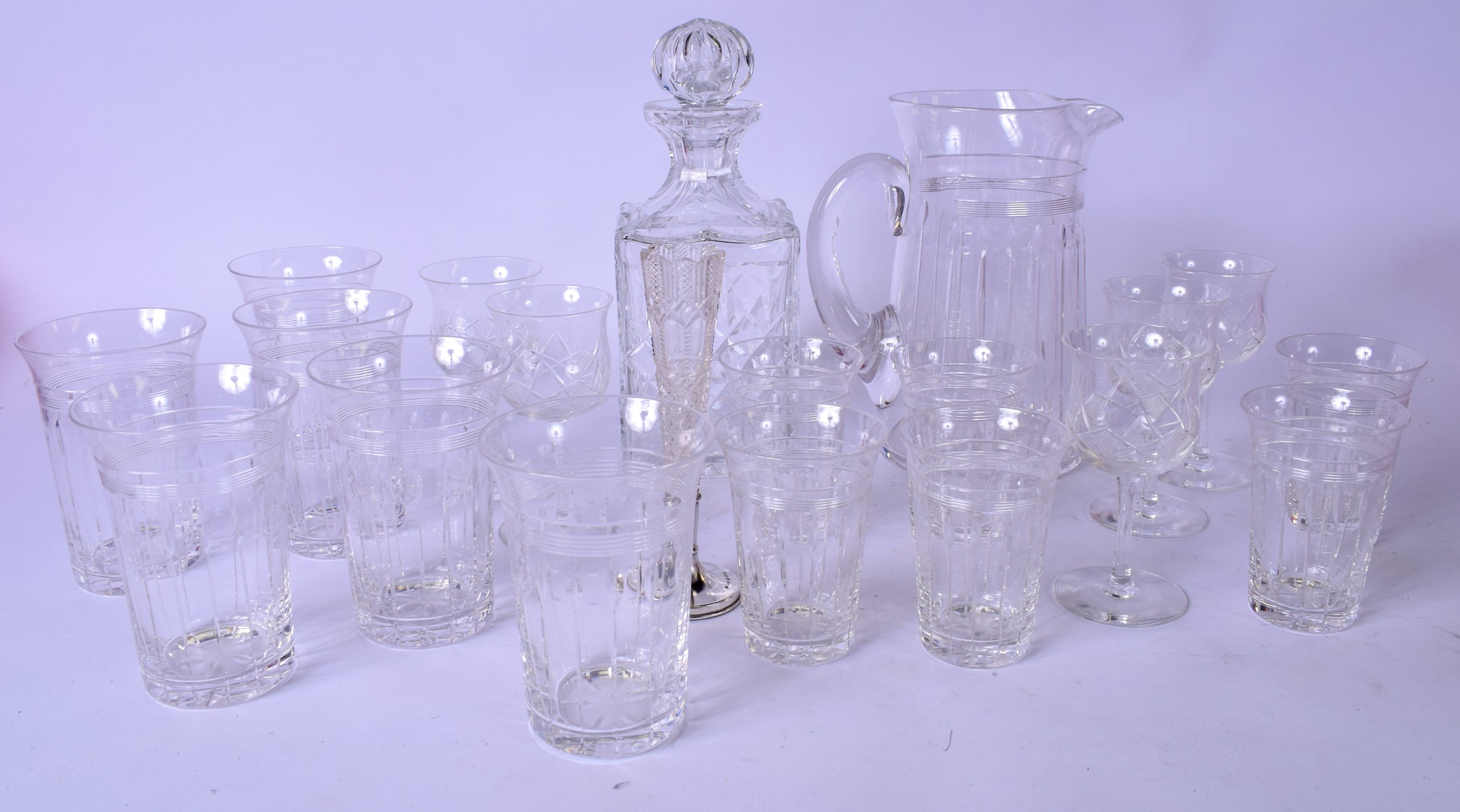 A GROUP OF GLASSWARE, including glass decanter, etched jug and matching glasses etc. (qty)