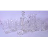 A GROUP OF GLASSWARE, including glass decanter, etched jug and matching glasses etc. (qty)
