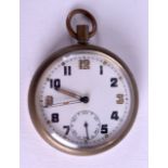 AN EARLY 20TH CENTURY MILITARY BRASS AND SILVER PLATED POCKET WATCH. 5 cm diameter.