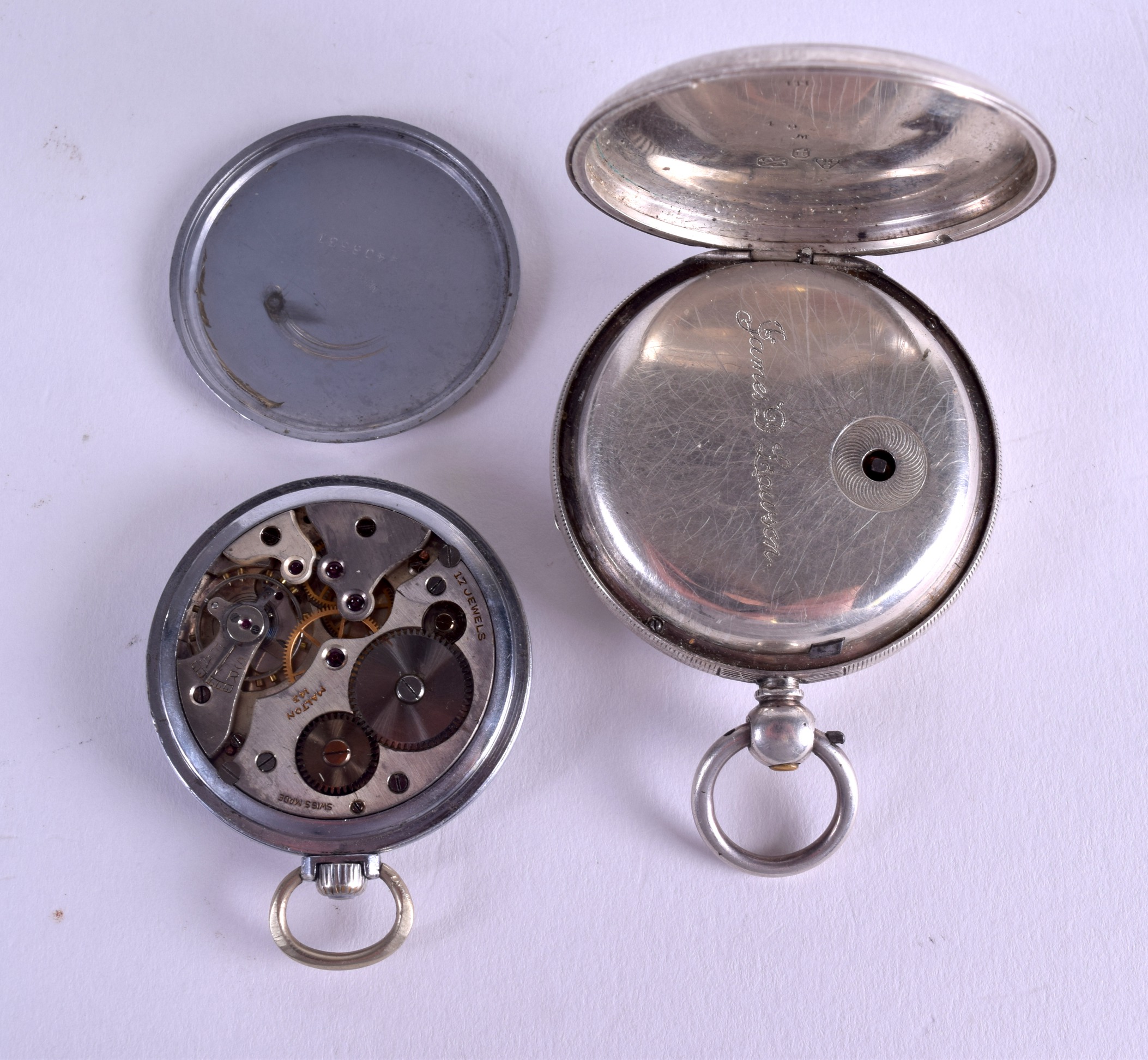 A 19TH CENTURY ENGLISH SILVER POCKET WATCH together with another white metal watch. 5.25 cm & 4 cm - Image 3 of 6