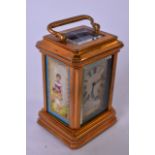 AN EARLY 20TH CENTURY PORCELAIN MINITAURE CARRIAGE CLOCK, inset with porcelain panels in the