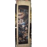 A GOOD 19TH CENTURY CHINESE SILKWORK HANGING SCROLL Qing, decorated with figures within landscapes