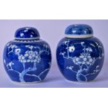A PAIR OF LATE 19TH/EARLY 20TH CENTURY CHINESE BLUE AND WHITE PORCELAIN GINGER JARS, painted with