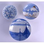 THREE 19TH CENTURY JAPANESE MEIJI PERIOD ARITA BLUE AND WHITE DISHES painted with various designs.