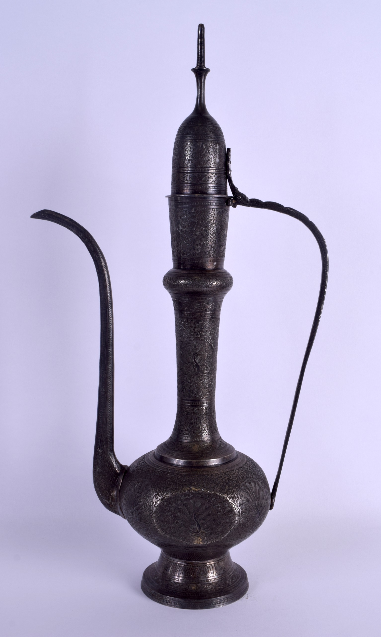 A LARGE 19TH CENTURY MIDDLE EASTERN TINNED WHITE METAL EWER decorated with script, foliage and - Image 2 of 4