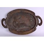 A 19TH CENTURY FRENCH ART NOUVEAU TWIN HANDLED BRONZE DISH decorated with a reclining female holding